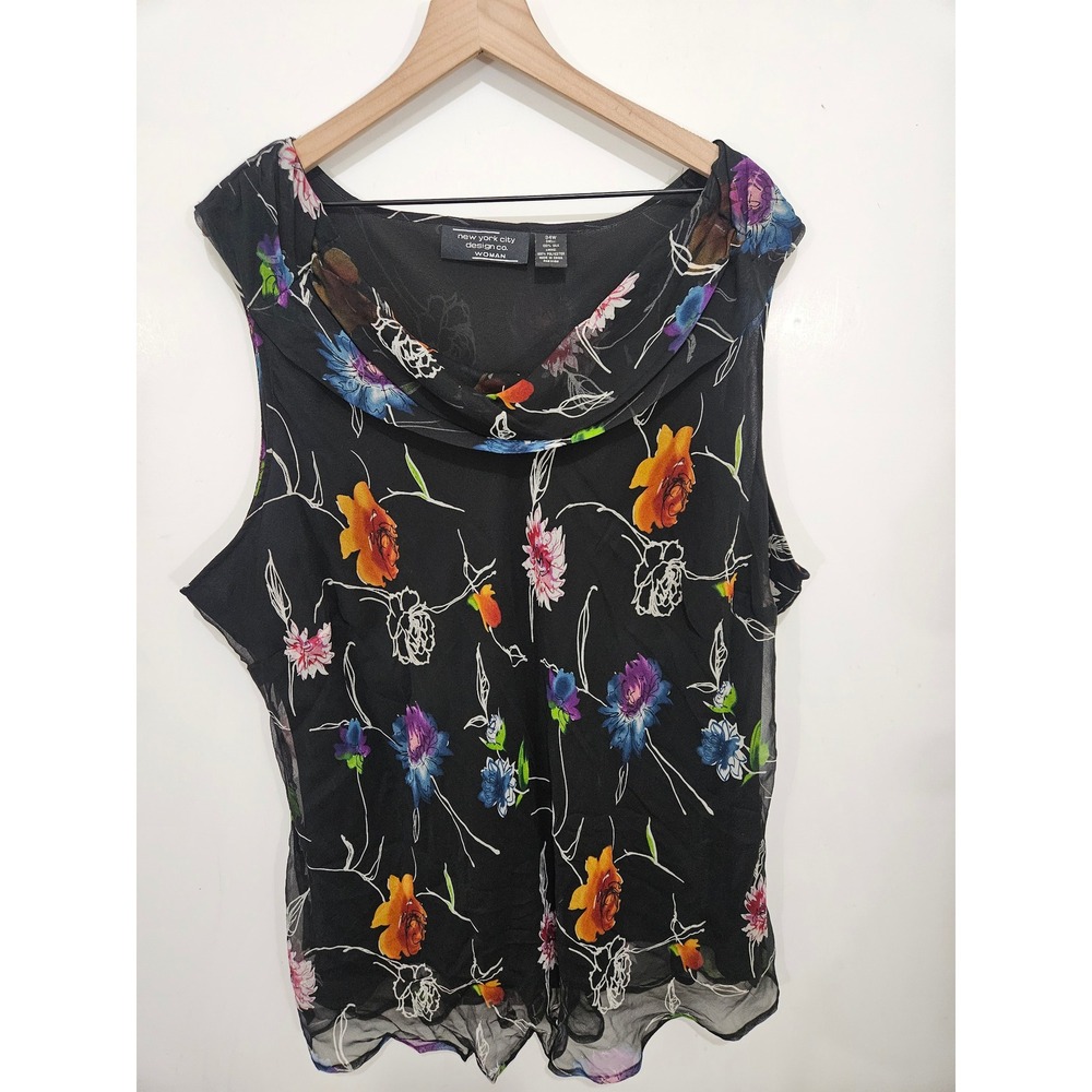 New York City Design Co Silk Floral Cowl Neck Blouse Black Plus Size 34W